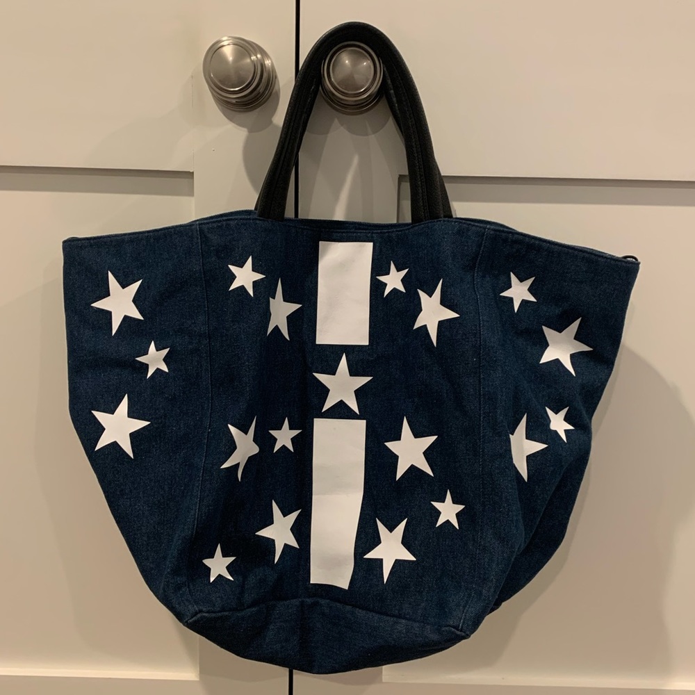 Large denim shopping bag w/ white stripe and stars